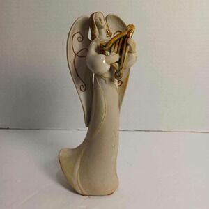 Angel Figurine Ceramic Harp Player Beige Brown Home Decor Religious Statue‎